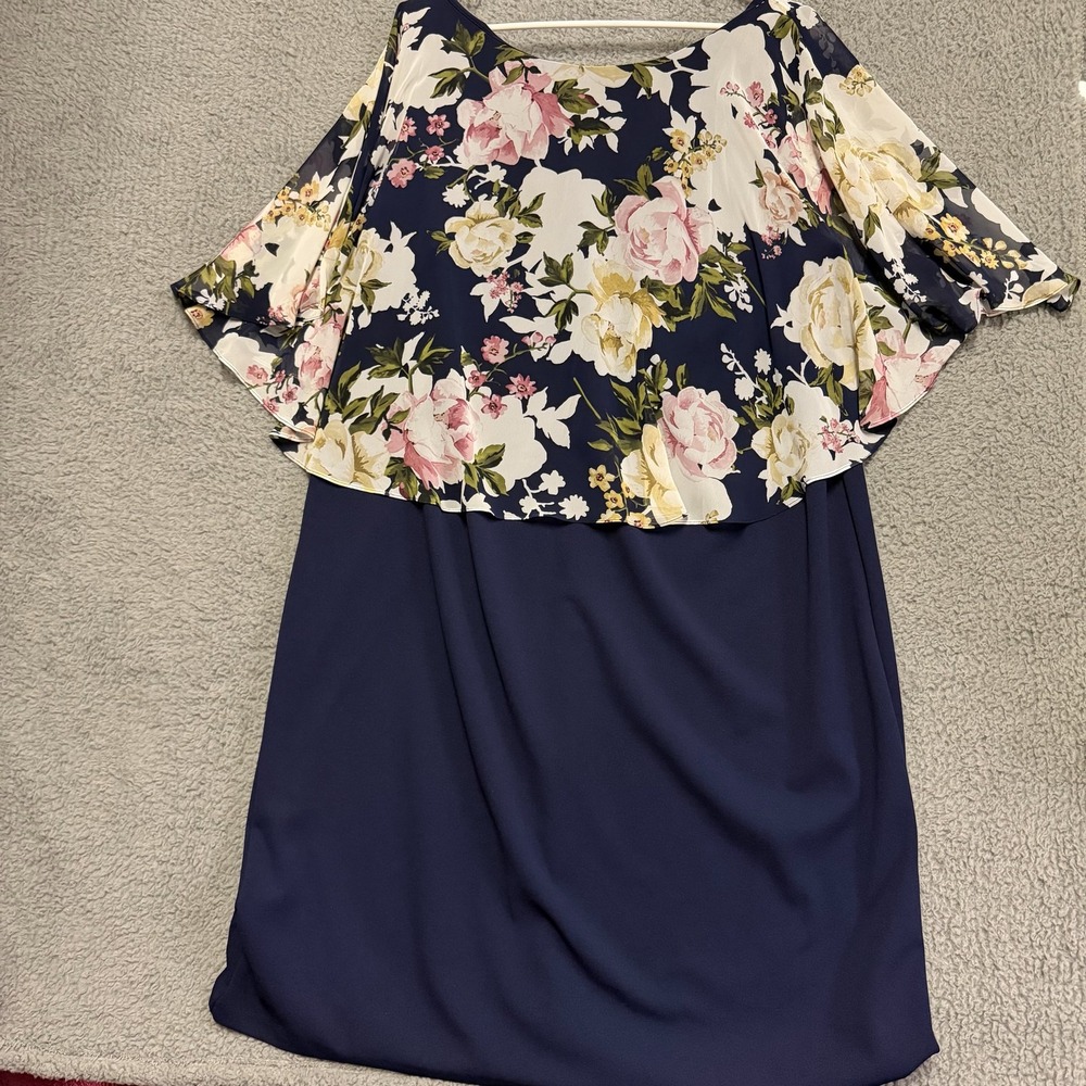 Connected Apparel Plus Size 24W Navy Floral Cape Overlay Shift Dress Midi NWT